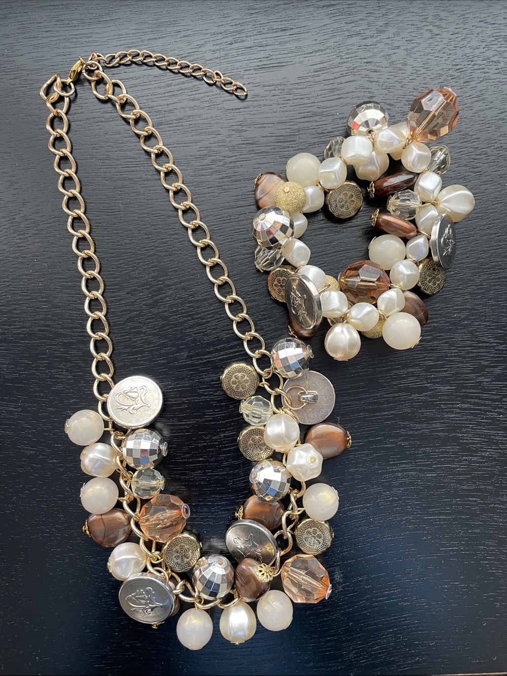 Gold-Tone Statement Necklace and Bracelet Set with Pearlescent & Brown Beads